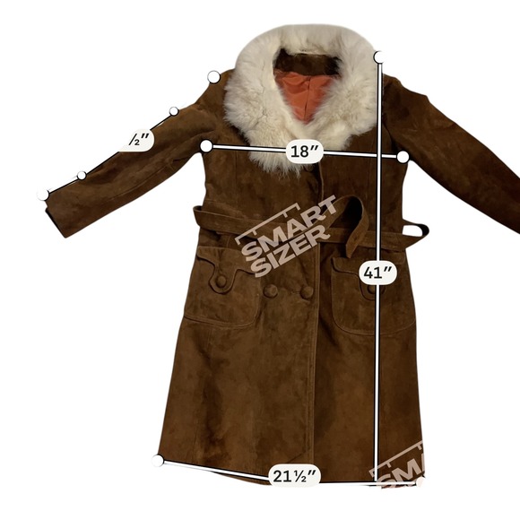 Vintage Brown Suede Trench Coat With White Fur Collar Belted 70s Penny Lane M - Picture 5 of 12